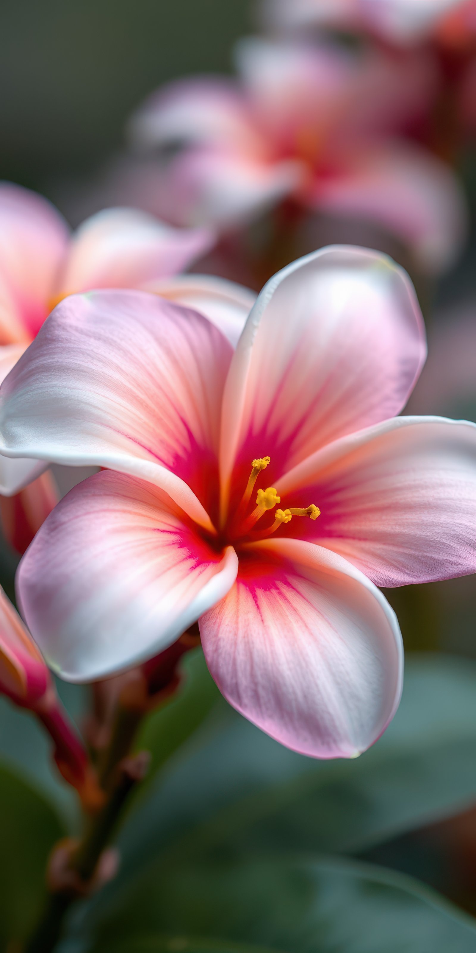 Beautiful pink and white flower blooming in a tropical garden during a sunny day